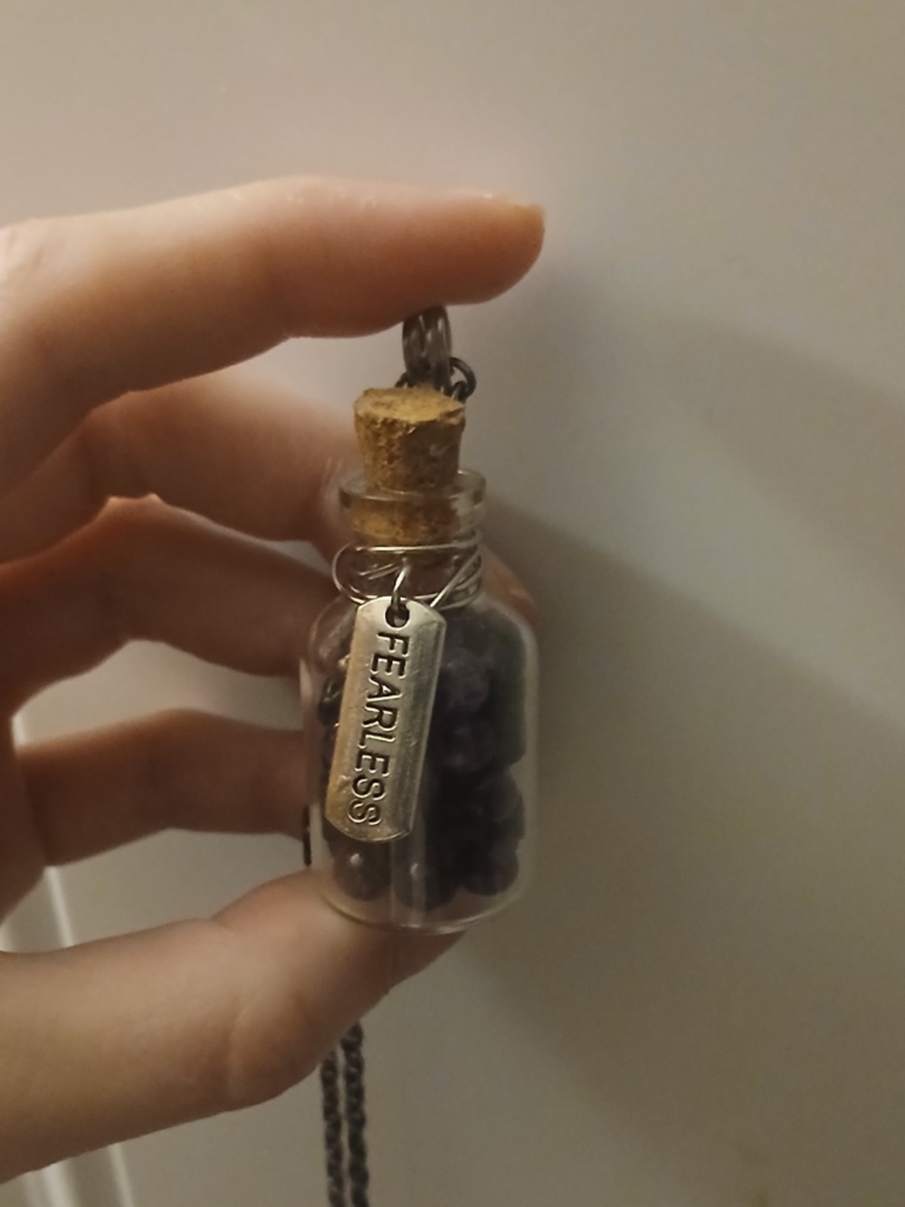 Handcrafted FEARLESS Amethyst & Lava Bottle Wire-Wrapped Necklace on Stainless
